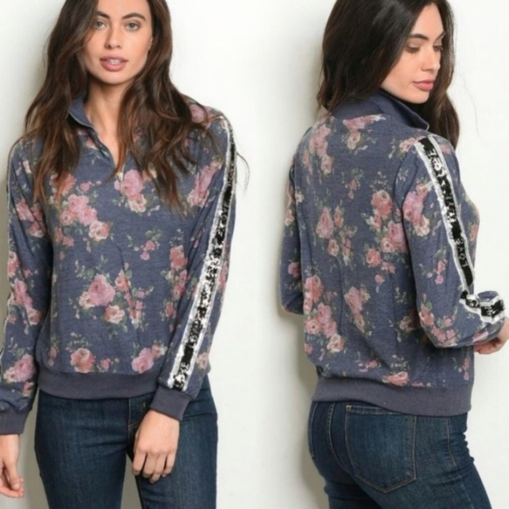 Available by Angela Fashion Floral Print 1/4 Zip Sequin Pullover Knit Top